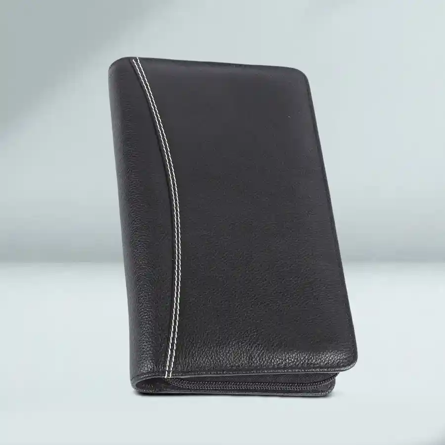Elegant Black Leather Passport Holder with multiple card slots, crafted from premium leather for stylish travel organization.