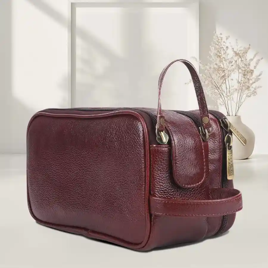 Chic Leather Travel Toiletry Kit in brown, perfect for organizing grooming essentials during travel.