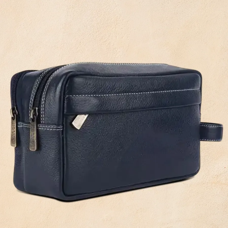 Royal Blue Leather Toiletry Bag with multiple compartments for men's grooming essentials.