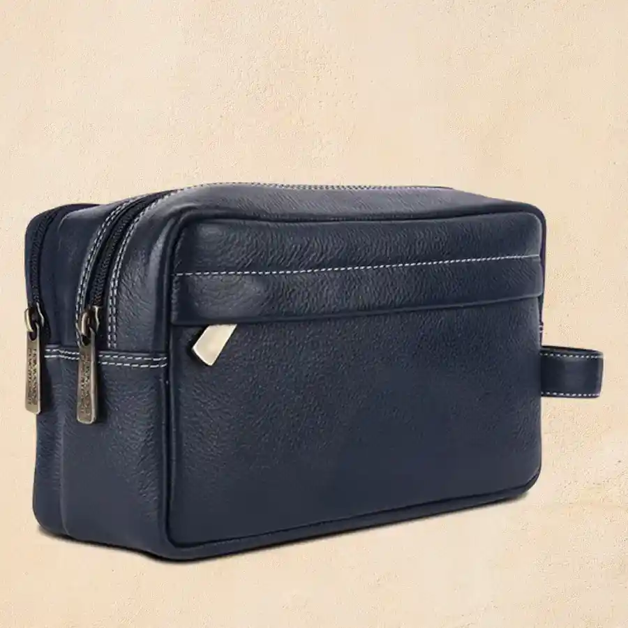 Elegant Black Leather Organizer Bag designed for men, featuring multiple compartments for grooming essentials, perfect for travel and everyday use.