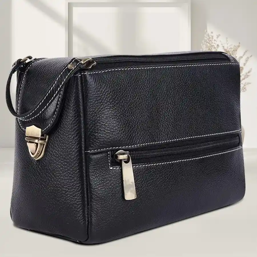 Elegant black leather toiletry bag designed for organized travel.