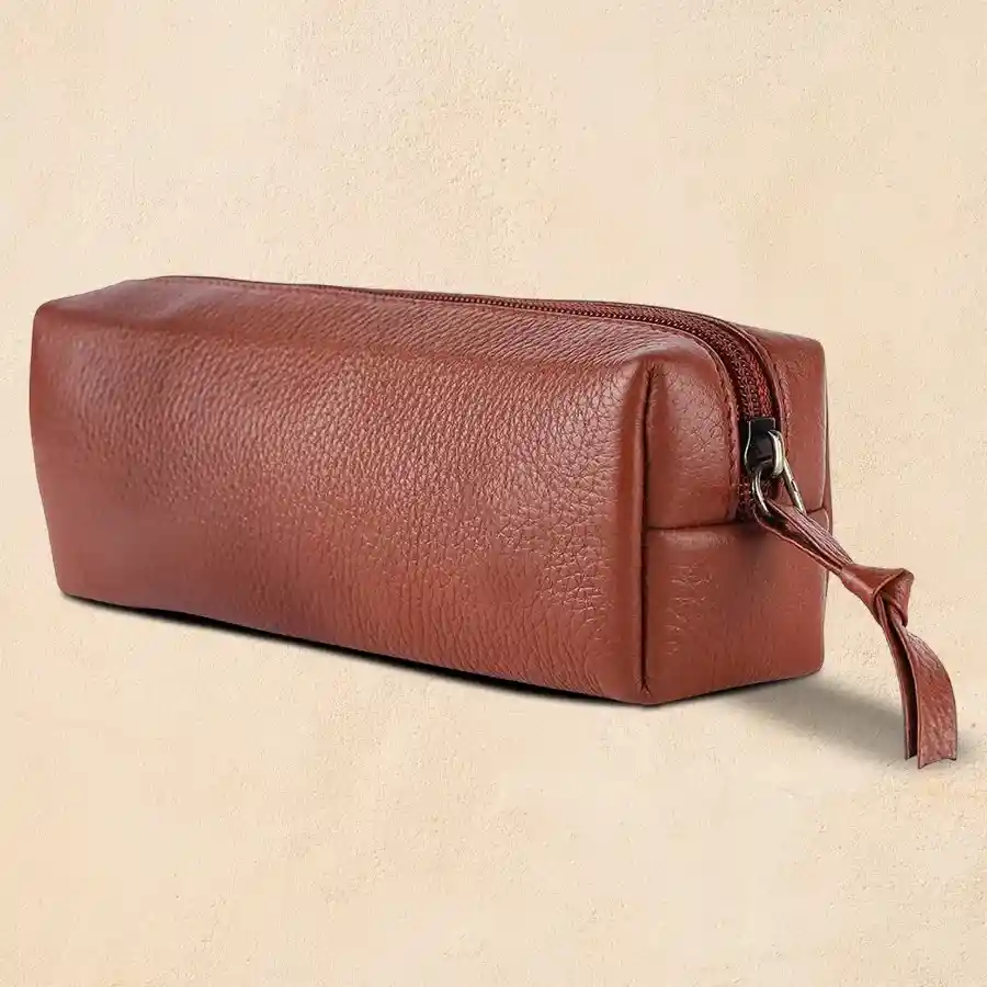 Stylish brown leather utility pouch for organizing stationery, cosmetics, and more.