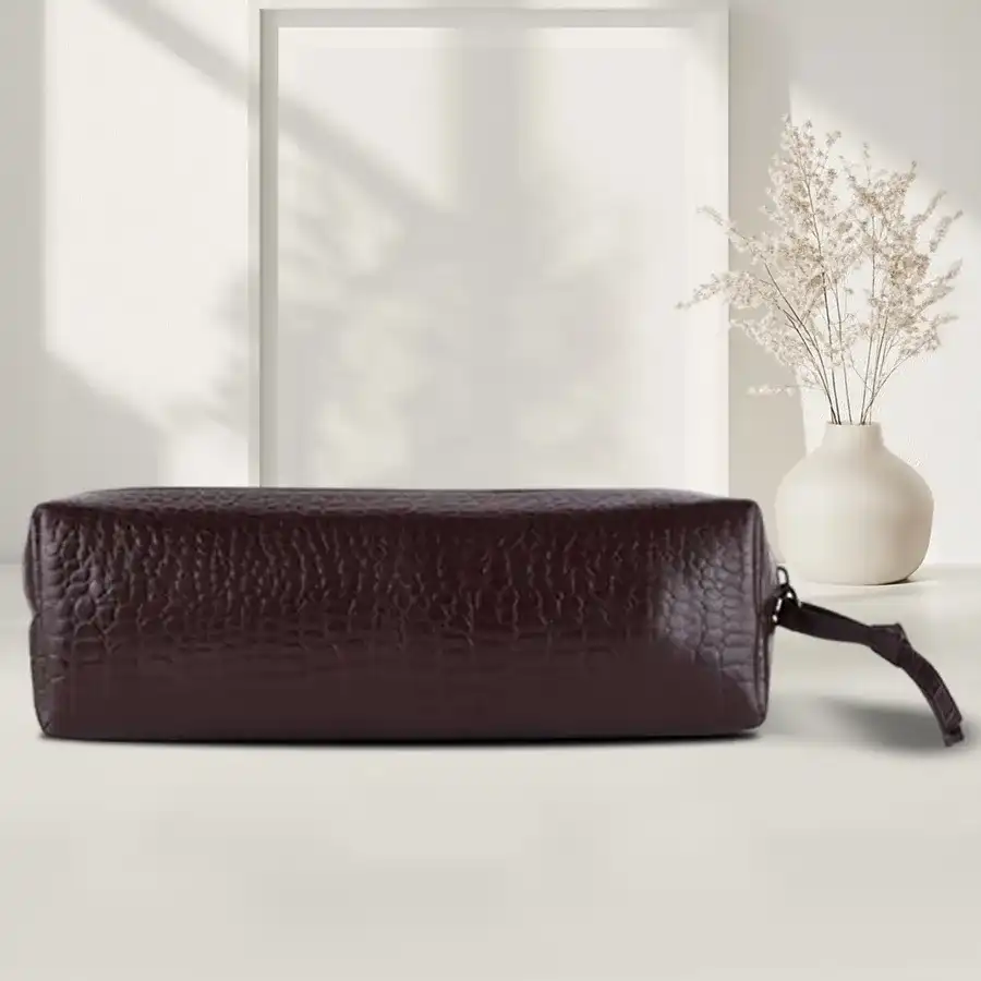 Chic Croc Brown Utility Pouch made from premium leather, perfect for storing makeup, stationery, and more.